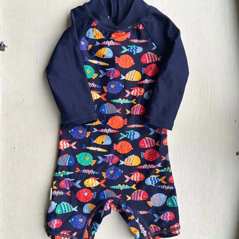 Multi colored one piece fish swim suit 6-12‎ m EUC